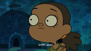 This scene epitomizes the kind of person Tip is as a character. There's no contextual reason why she sniffs herself her (they're in a sewer, but there's no reason why she sniffs her armpit versus any other part of her body), but it shows her her spirit, vanity, and goofiness all in one brief monologue.
